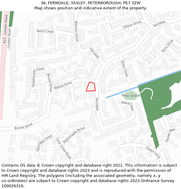 36, FERNDALE, YAXLEY, PETERBOROUGH, PE7 3ZW: Location map and indicative extent of plot