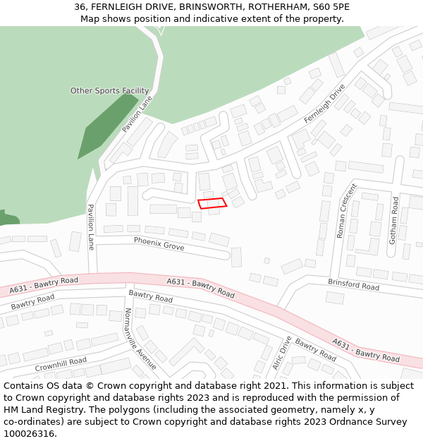 36, FERNLEIGH DRIVE, BRINSWORTH, ROTHERHAM, S60 5PE: Location map and indicative extent of plot