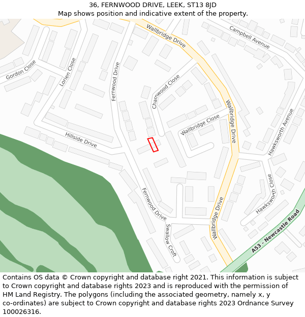 36, FERNWOOD DRIVE, LEEK, ST13 8JD: Location map and indicative extent of plot