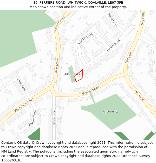 36, FERRERS ROAD, WHITWICK, COALVILLE, LE67 5FE: Location map and indicative extent of plot