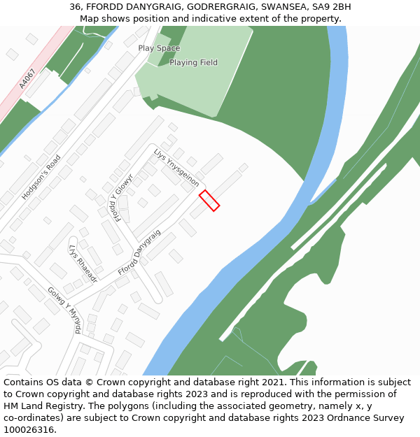 36, FFORDD DANYGRAIG, GODRERGRAIG, SWANSEA, SA9 2BH: Location map and indicative extent of plot