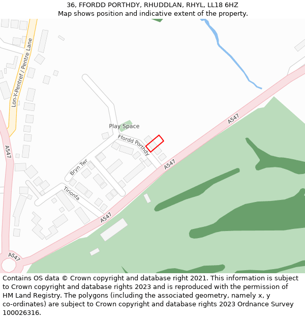 36, FFORDD PORTHDY, RHUDDLAN, RHYL, LL18 6HZ: Location map and indicative extent of plot