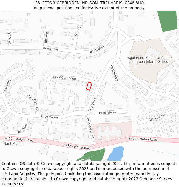 36, FFOS Y CERRIDDEN, NELSON, TREHARRIS, CF46 6HQ: Location map and indicative extent of plot