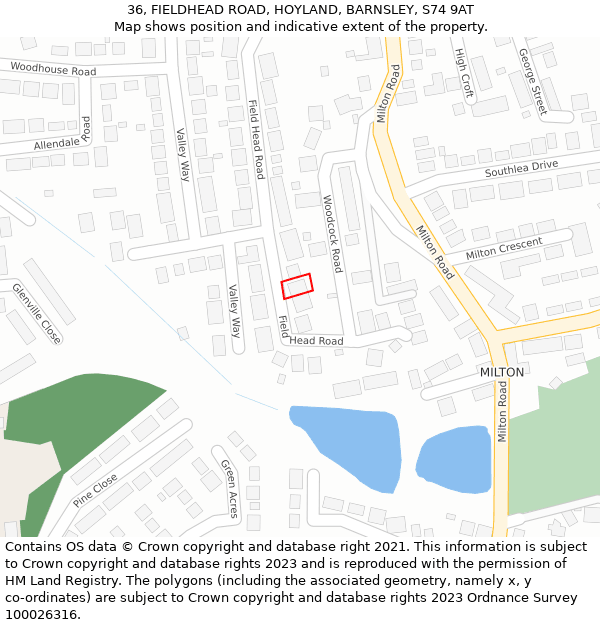 36, FIELDHEAD ROAD, HOYLAND, BARNSLEY, S74 9AT: Location map and indicative extent of plot