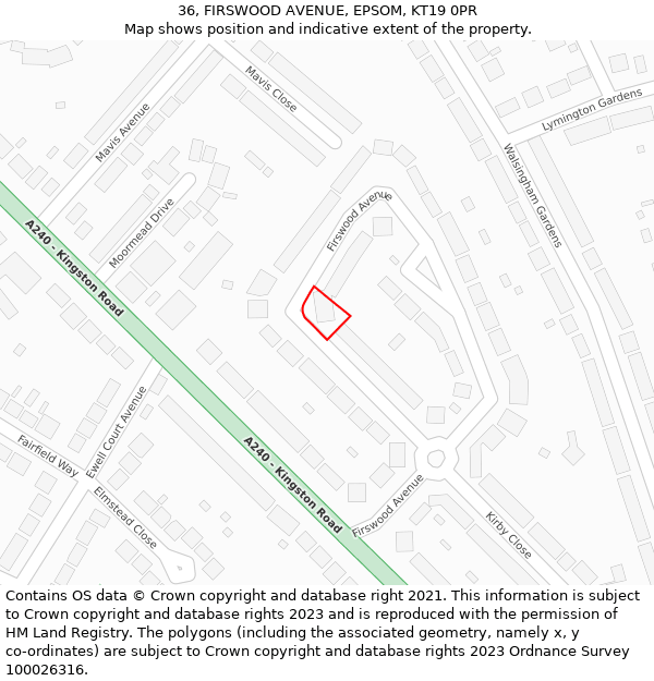 36, FIRSWOOD AVENUE, EPSOM, KT19 0PR: Location map and indicative extent of plot