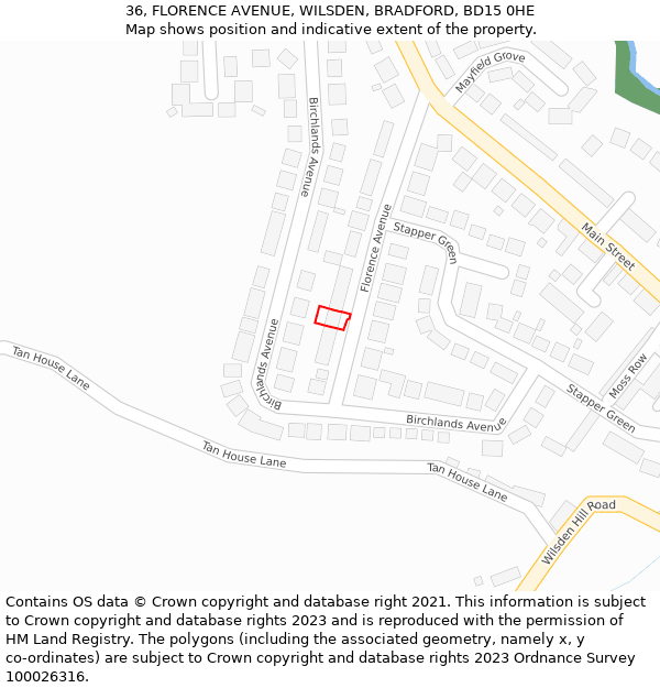 36, FLORENCE AVENUE, WILSDEN, BRADFORD, BD15 0HE: Location map and indicative extent of plot