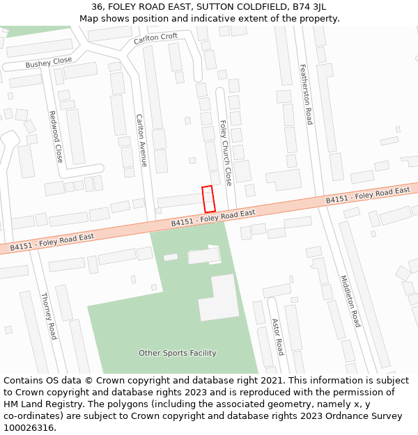 36, FOLEY ROAD EAST, SUTTON COLDFIELD, B74 3JL: Location map and indicative extent of plot