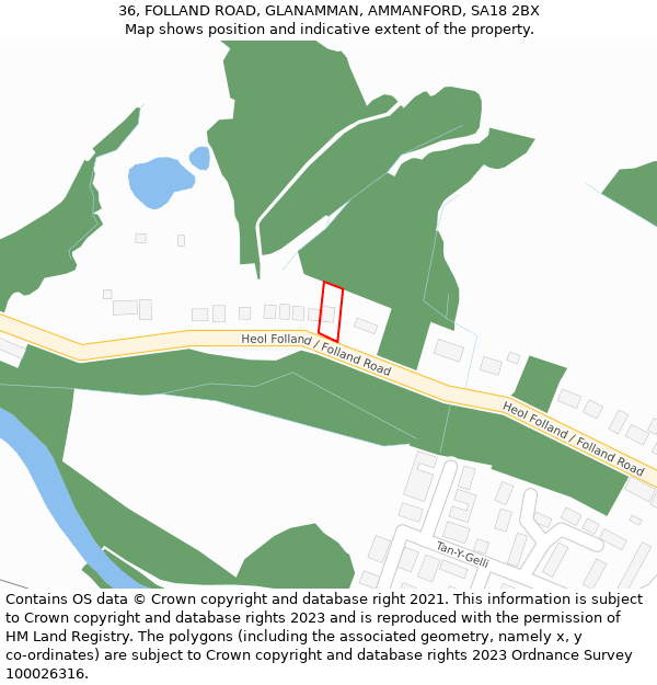 36, FOLLAND ROAD, GLANAMMAN, AMMANFORD, SA18 2BX: Location map and indicative extent of plot