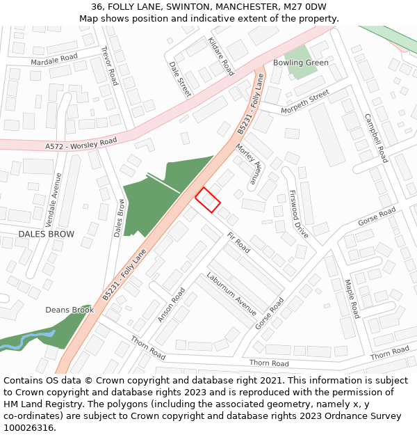 36, FOLLY LANE, SWINTON, MANCHESTER, M27 0DW: Location map and indicative extent of plot