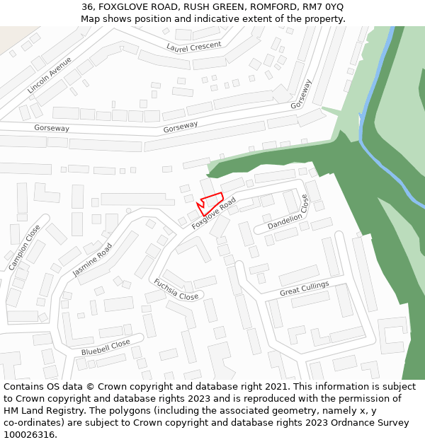 36, FOXGLOVE ROAD, RUSH GREEN, ROMFORD, RM7 0YQ: Location map and indicative extent of plot