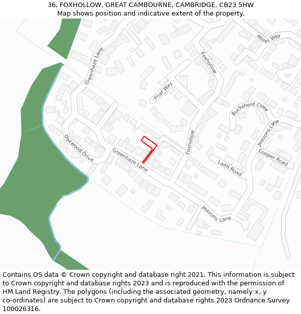 36, FOXHOLLOW, GREAT CAMBOURNE, CAMBRIDGE, CB23 5HW: Location map and indicative extent of plot