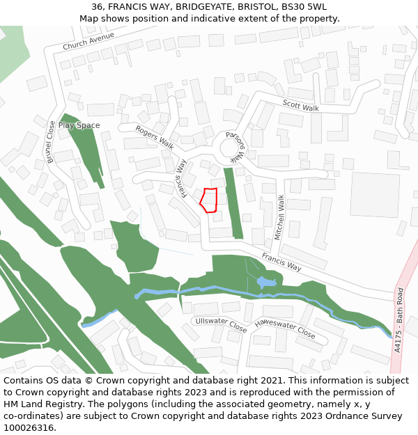 36, FRANCIS WAY, BRIDGEYATE, BRISTOL, BS30 5WL: Location map and indicative extent of plot