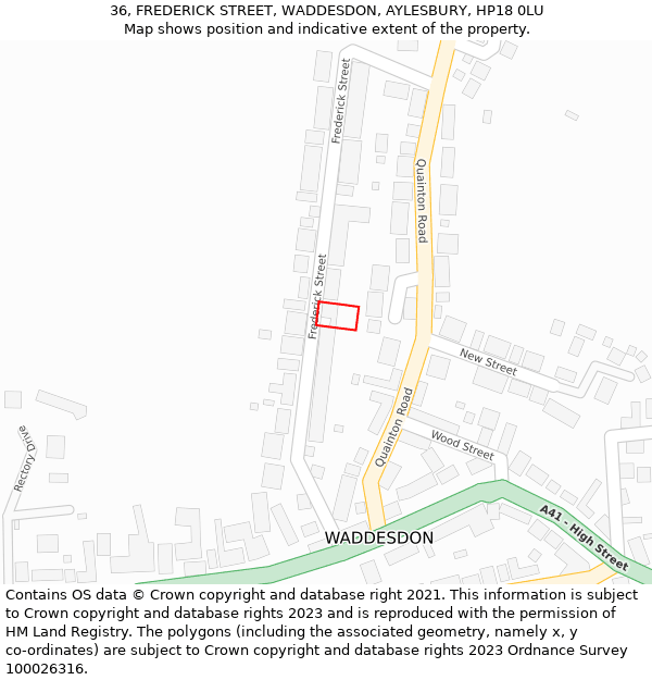 36, FREDERICK STREET, WADDESDON, AYLESBURY, HP18 0LU: Location map and indicative extent of plot