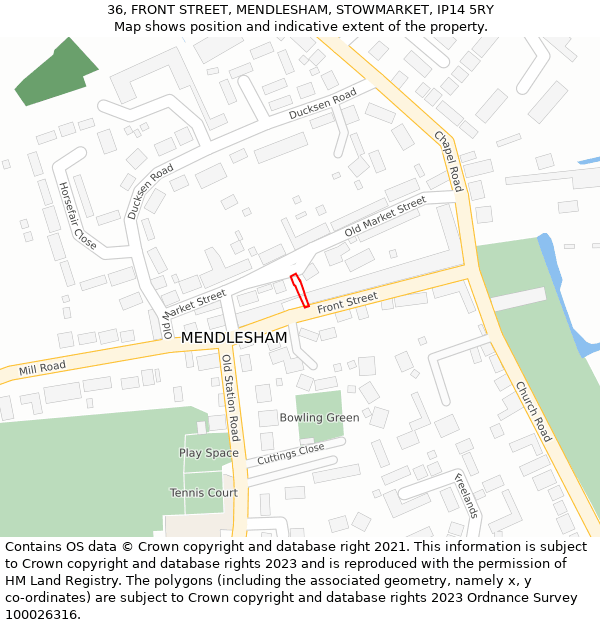 36, FRONT STREET, MENDLESHAM, STOWMARKET, IP14 5RY: Location map and indicative extent of plot