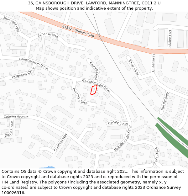 36, GAINSBOROUGH DRIVE, LAWFORD, MANNINGTREE, CO11 2JU: Location map and indicative extent of plot