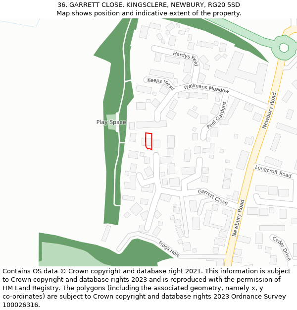 36, GARRETT CLOSE, KINGSCLERE, NEWBURY, RG20 5SD: Location map and indicative extent of plot