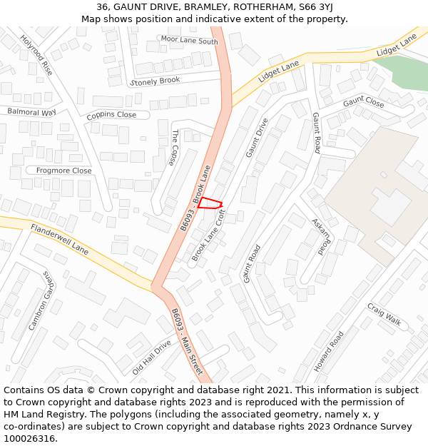 36, GAUNT DRIVE, BRAMLEY, ROTHERHAM, S66 3YJ: Location map and indicative extent of plot