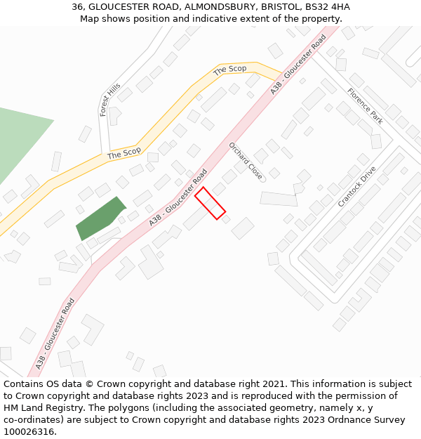 36, GLOUCESTER ROAD, ALMONDSBURY, BRISTOL, BS32 4HA: Location map and indicative extent of plot