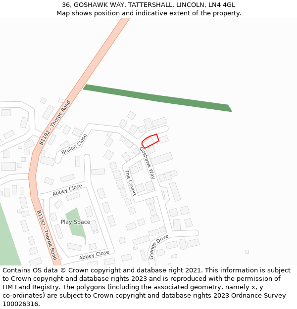 36, GOSHAWK WAY, TATTERSHALL, LINCOLN, LN4 4GL: Location map and indicative extent of plot