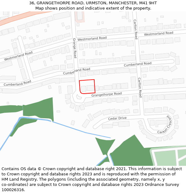 36, GRANGETHORPE ROAD, URMSTON, MANCHESTER, M41 9HT: Location map and indicative extent of plot