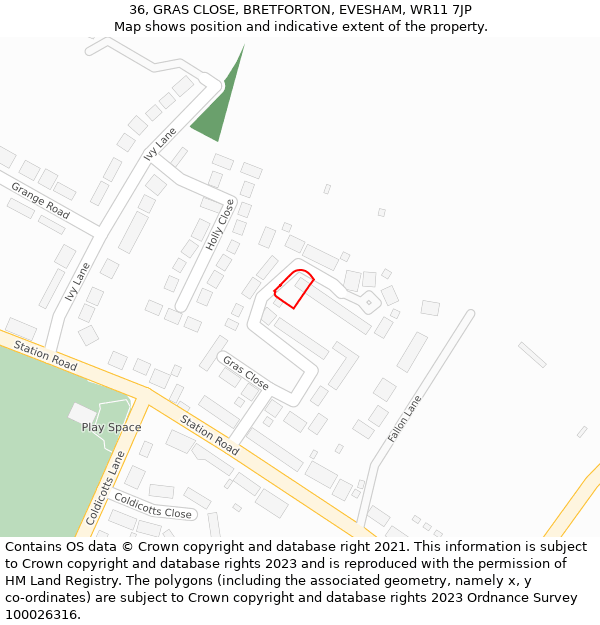 36, GRAS CLOSE, BRETFORTON, EVESHAM, WR11 7JP: Location map and indicative extent of plot