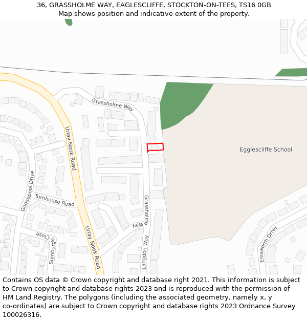 36, GRASSHOLME WAY, EAGLESCLIFFE, STOCKTON-ON-TEES, TS16 0GB: Location map and indicative extent of plot