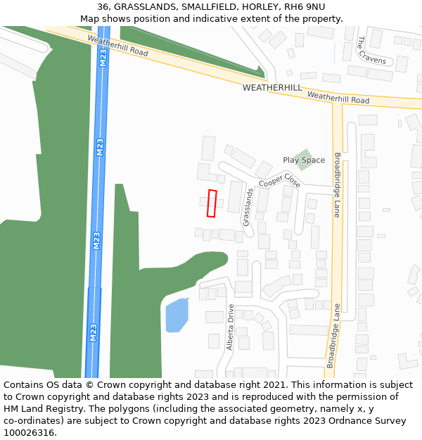 36, GRASSLANDS, SMALLFIELD, HORLEY, RH6 9NU: Location map and indicative extent of plot