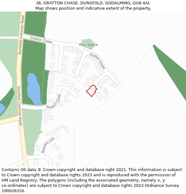 36, GRATTON CHASE, DUNSFOLD, GODALMING, GU8 4AL: Location map and indicative extent of plot