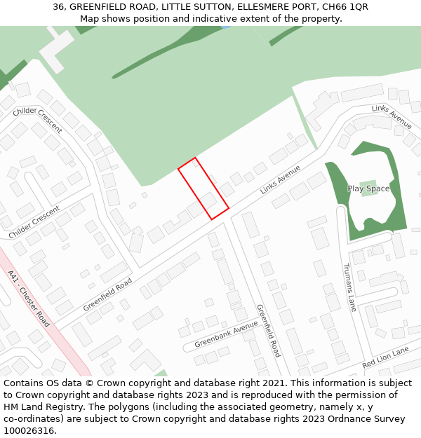 36, GREENFIELD ROAD, LITTLE SUTTON, ELLESMERE PORT, CH66 1QR: Location map and indicative extent of plot