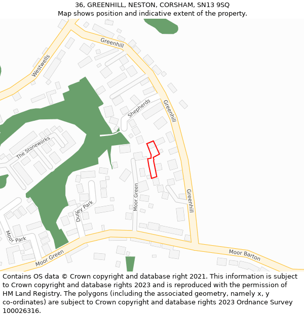 36, GREENHILL, NESTON, CORSHAM, SN13 9SQ: Location map and indicative extent of plot