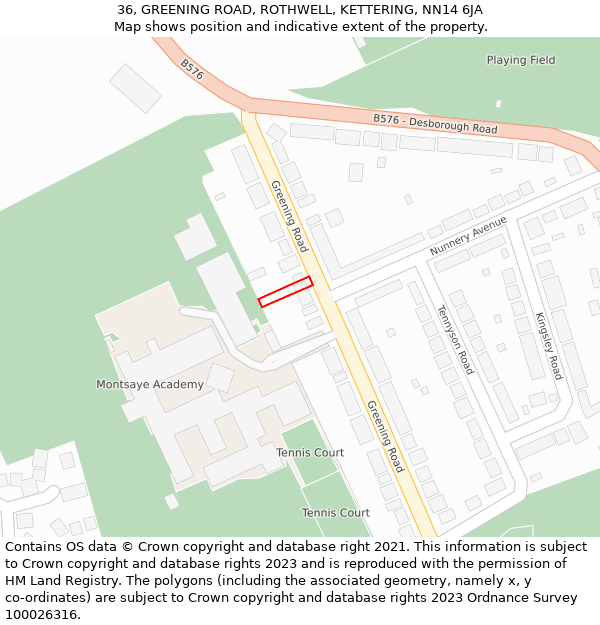 36, GREENING ROAD, ROTHWELL, KETTERING, NN14 6JA: Location map and indicative extent of plot