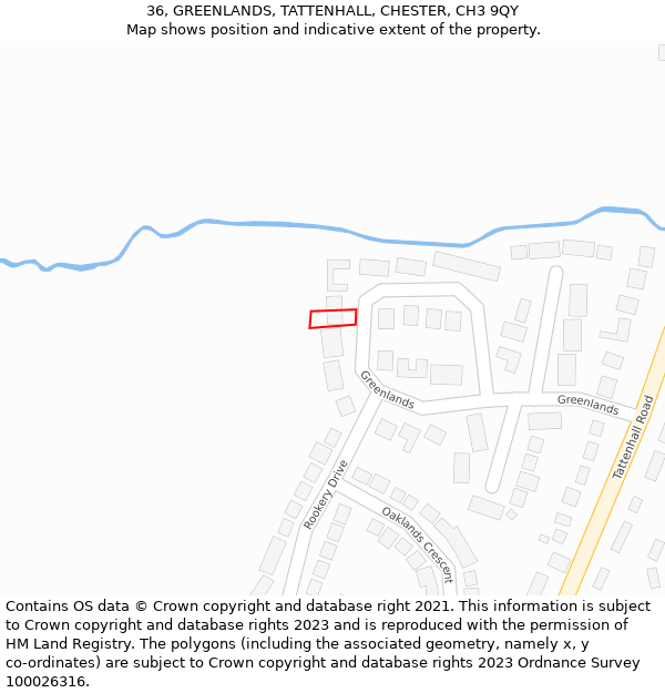 36, GREENLANDS, TATTENHALL, CHESTER, CH3 9QY: Location map and indicative extent of plot