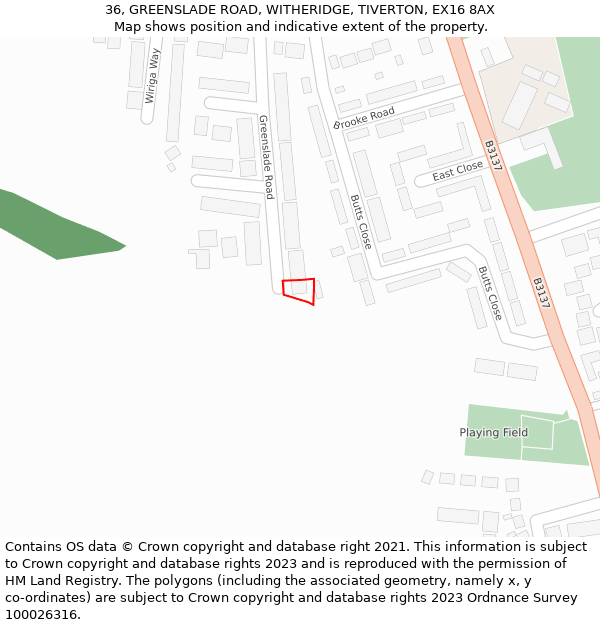 36, GREENSLADE ROAD, WITHERIDGE, TIVERTON, EX16 8AX: Location map and indicative extent of plot