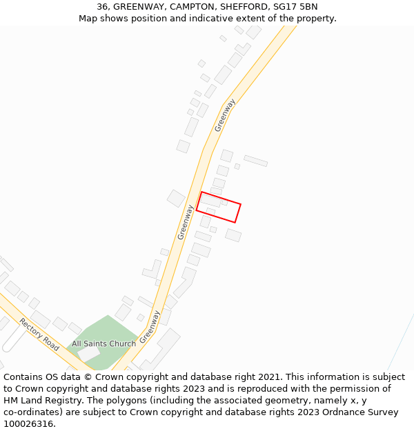 36, GREENWAY, CAMPTON, SHEFFORD, SG17 5BN: Location map and indicative extent of plot