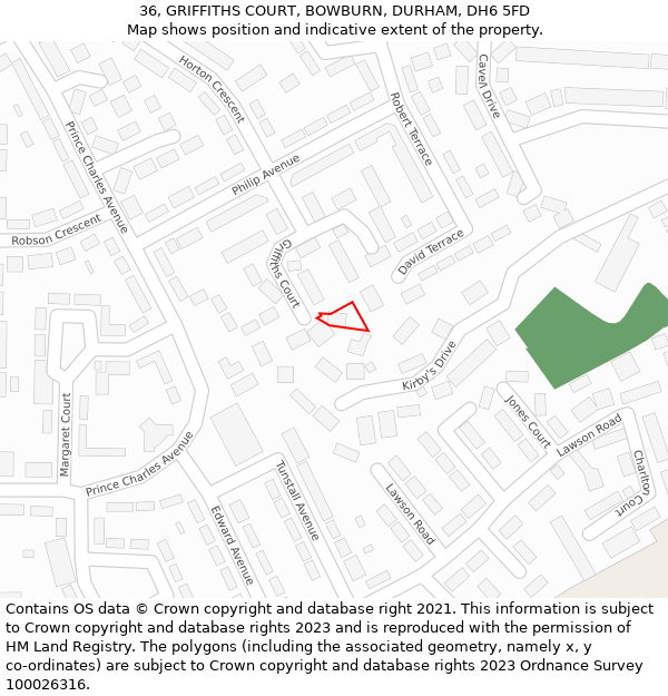 36, GRIFFITHS COURT, BOWBURN, DURHAM, DH6 5FD: Location map and indicative extent of plot