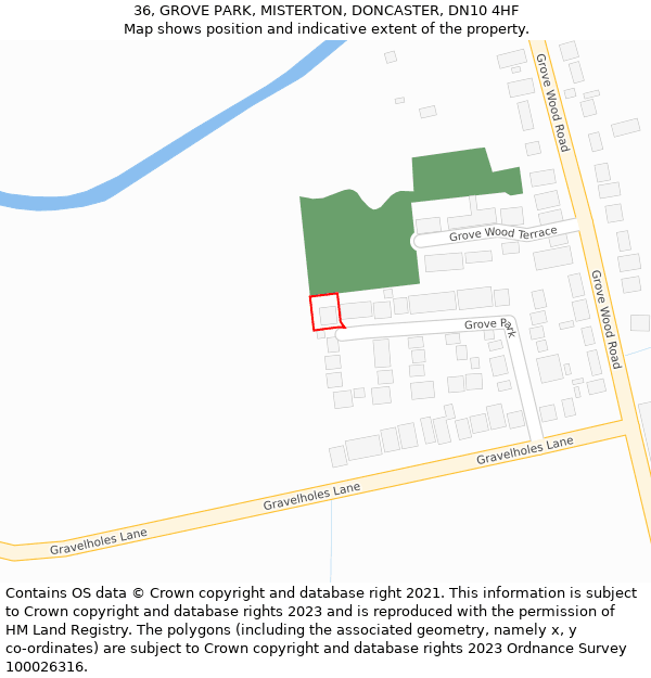 36, GROVE PARK, MISTERTON, DONCASTER, DN10 4HF: Location map and indicative extent of plot