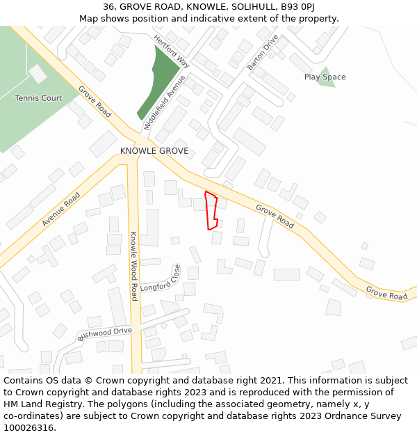 36, GROVE ROAD, KNOWLE, SOLIHULL, B93 0PJ: Location map and indicative extent of plot