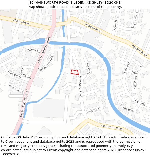 36, HAINSWORTH ROAD, SILSDEN, KEIGHLEY, BD20 0NB: Location map and indicative extent of plot