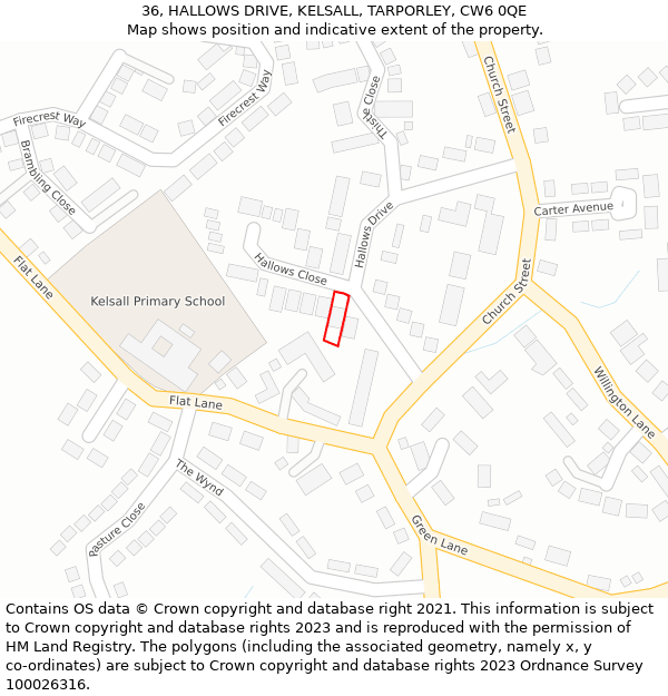 36, HALLOWS DRIVE, KELSALL, TARPORLEY, CW6 0QE: Location map and indicative extent of plot