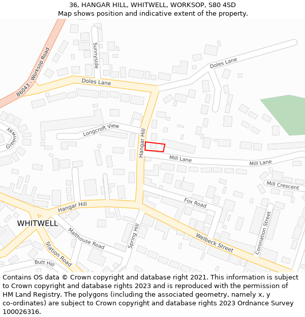 36, HANGAR HILL, WHITWELL, WORKSOP, S80 4SD: Location map and indicative extent of plot