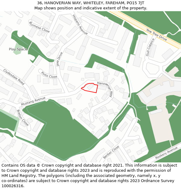 36, HANOVERIAN WAY, WHITELEY, FAREHAM, PO15 7JT: Location map and indicative extent of plot