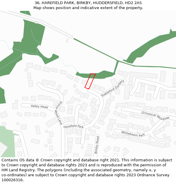 36, HAREFIELD PARK, BIRKBY, HUDDERSFIELD, HD2 2AS: Location map and indicative extent of plot