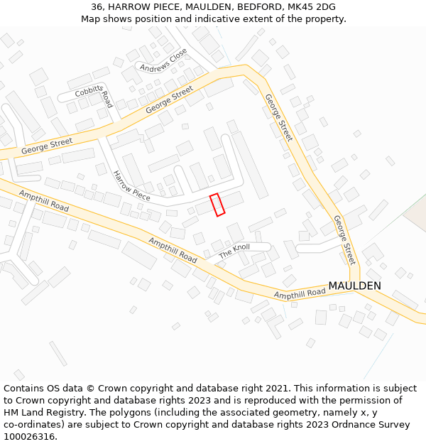 36, HARROW PIECE, MAULDEN, BEDFORD, MK45 2DG: Location map and indicative extent of plot