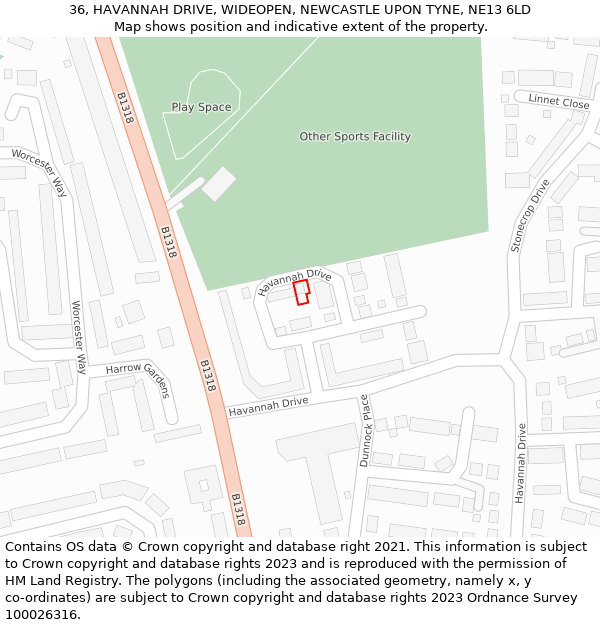 36, HAVANNAH DRIVE, WIDEOPEN, NEWCASTLE UPON TYNE, NE13 6LD: Location map and indicative extent of plot