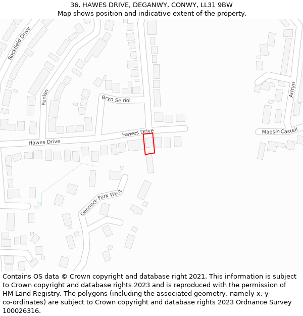 36, HAWES DRIVE, DEGANWY, CONWY, LL31 9BW: Location map and indicative extent of plot