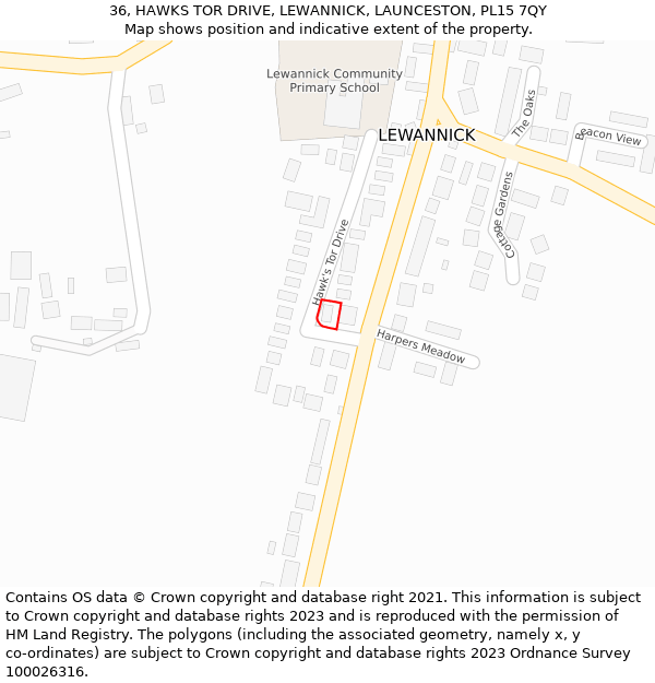 36, HAWKS TOR DRIVE, LEWANNICK, LAUNCESTON, PL15 7QY: Location map and indicative extent of plot