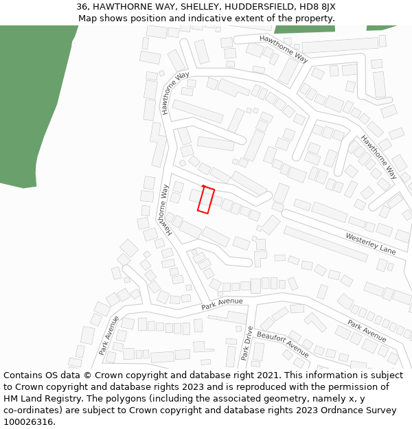 36, HAWTHORNE WAY, SHELLEY, HUDDERSFIELD, HD8 8JX: Location map and indicative extent of plot