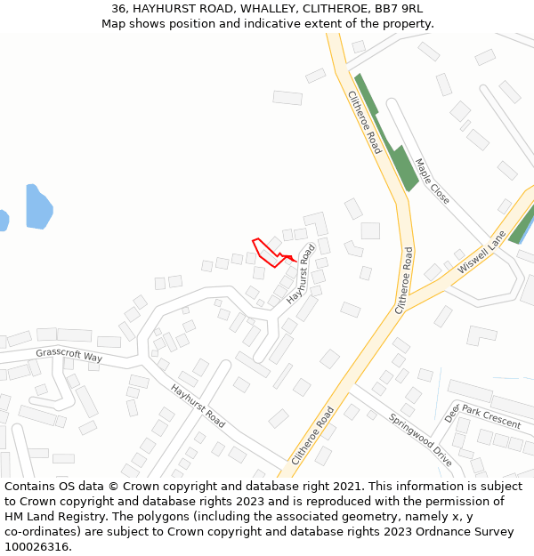 36, HAYHURST ROAD, WHALLEY, CLITHEROE, BB7 9RL: Location map and indicative extent of plot