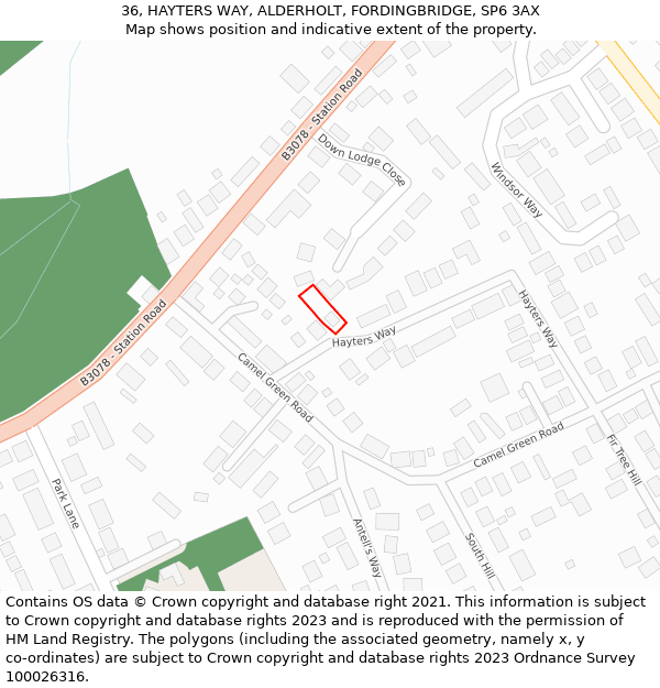 36, HAYTERS WAY, ALDERHOLT, FORDINGBRIDGE, SP6 3AX: Location map and indicative extent of plot