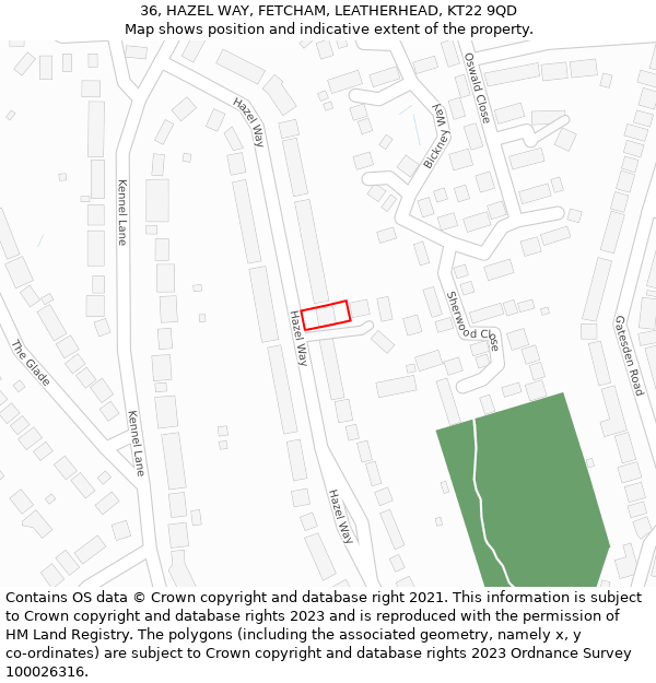 36, HAZEL WAY, FETCHAM, LEATHERHEAD, KT22 9QD: Location map and indicative extent of plot